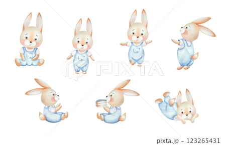 Set of cute watercolor bunnies in blue overalls. Watercolor illustration, isolated on a white background, hand drawn. For children's birthday party, card design, invitations Set of cute watercolor bunnies in blue overalls. Watercolor illustration, isolated on a white background, hand drawn. For children's birthday party, card design, invitations 123265431