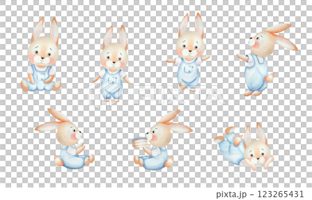 Set of cute watercolor bunnies in blue overalls. Watercolor illustration, isolated on a white background, hand drawn. For children's birthday party, card design, invitations Set of cute watercolor bunnies in blue overalls. Watercolor illustration, isolated on a white background, hand drawn. For children's birthday party, card design, invitations 123265431