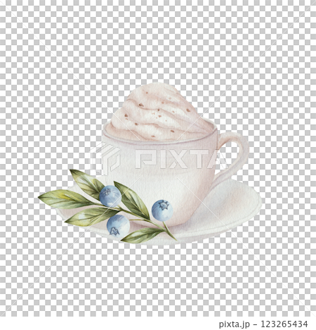 Cup of white coffee, hot chocolate and cream with coffee beans, with a saucer and blueberries with green leaves. Watercolor illustration, isolated on white background. For menu design, cards, cooking 123265434