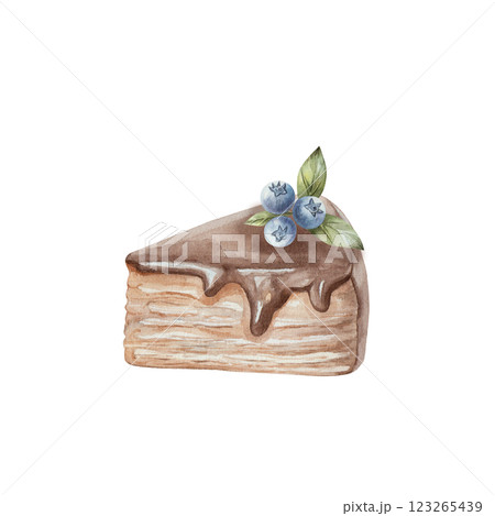Watercolor pieces of chocolate delicious pie, with blueberries, cream and green sprigs. Hand drawn, isolated on a white background. For design, menu, recipes, kitchen, textiles 123265439
