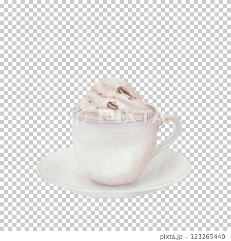 Cup of white coffee with hot chocolate and cream with coffee beans, with a saucer. Classic. Watercolor illustration, isolated on a white background. For cafe menu design, textiles, cards, cooking Cup of white coffee with hot chocolate and cream with coffee beans, with a saucer. Classic. Watercolor illustration, isolated on a white background. For cafe menu design, textiles, cards, cooking 123265440