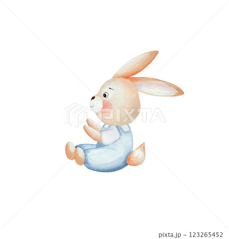 Cute watercolor bunny in a blue overalls sits. Watercolor illustration, isolated on a white background, hand drawn. For children's birthday party, card design, invitations Cute watercolor bunny in a blue overalls sits. Watercolor illustration, isolated on a white background, hand drawn. For children's birthday party, card design, invitations 123265452