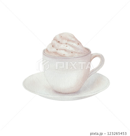 Cup of white coffee with hot chocolate and cream, with a saucer. Classic option. Watercolor illustration, isolated on a white background. For cafe menu design, textiles, cards, cooking Cup of white coffee with hot chocolate and cream, with a saucer. Classic option. Watercolor illustration, isolated on a white background. For cafe menu design, textiles, cards, cooking 123265453