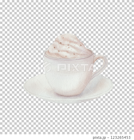 Cup of white coffee with hot chocolate and cream, with a saucer. Classic option. Watercolor illustration, isolated on a white background. For cafe menu design, textiles, cards, cooking Cup of white coffee with hot chocolate and cream, with a saucer. Classic option. Watercolor illustration, isolated on a white background. For cafe menu design, textiles, cards, cooking 123265453
