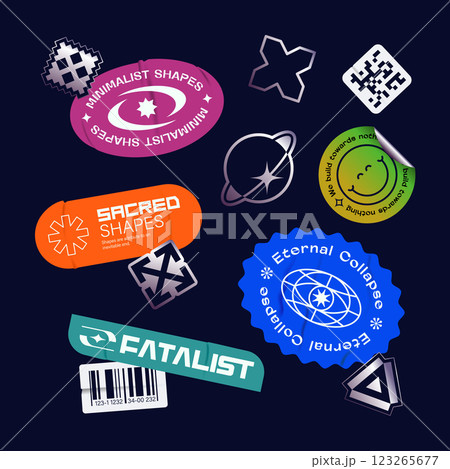 Set Of Vector Y2K Stickers Isolated On Dark Background 123265677