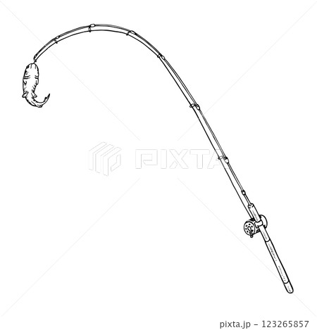 Hand drawn vector illustration of a fishing rod with a hooked fish. Vintage black and white engraving style sketch, ideal for fishing, seafood themes. With a isolated silhouette on the background 123265857