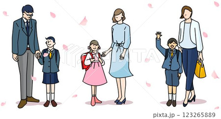 桜の花びらと親子ー全身ー卒業入学の小学生人物シンプル線画ベクターイラスト素材 123265889