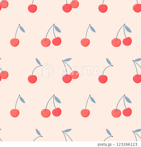 Cherries seamless vector pattern on beige background. Cute cherry background for fabric, baby textile, packaging 123266123