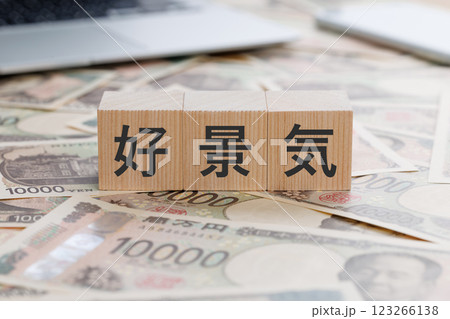 お金の上に好景気と書かれたブロック お金の上に好景気と書かれたブロック 123266138