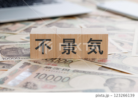 お金の上に不景気と書かれたブロック 123266139