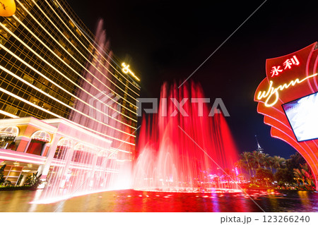 Beautiful night view of Wynn Performance Lake displays water, music, and light show, is a hotel casino resort in Macau, China. 123266240
