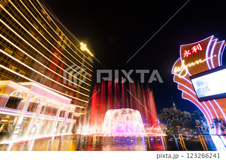 Beautiful night view of Wynn Performance Lake displays water, music, and light show, is a hotel casino resort in Macau, China. 123266241