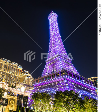 Beautiful night view of the Eiffel Tower at Parisian Macao is a casino resort on the Cotai Strip in Macau, China owned by Las Vegas Sands. Beautiful night view of the Eiffel Tower at Parisian Macao is a casino resort on the Cotai Strip in Macau, China owned by Las Vegas Sands. 123266246