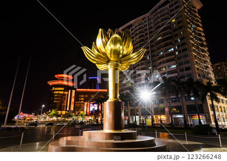 Night view of the large sculpture (Lotus Flower In Full Bloom) at Lotus Square in Macau, China. 123266248
