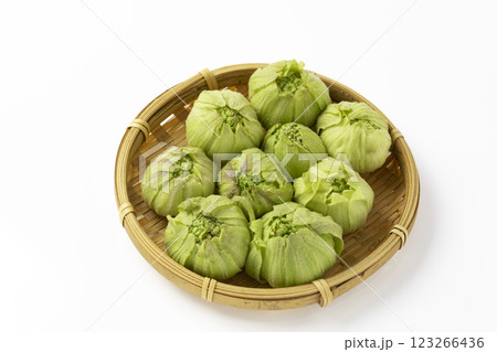 白バックのざるに乗せたふきのとう 123266436