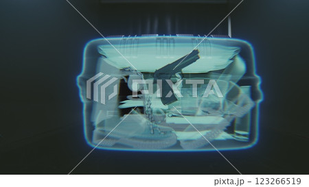 VFX Graphics Visualizing X-rays Illuminating Inside of Suitcase Moving on Conveyor Belt in Airport VFX Graphics Visualizing X-rays Illuminating Inside of Suitcase Moving on Conveyor Belt in Airport 123266519