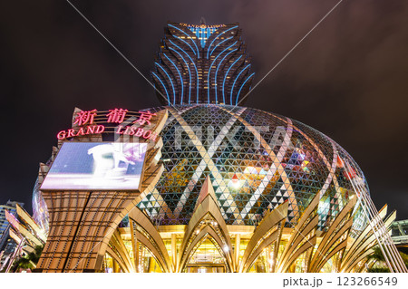 Beautiful night view of the Grand Lisboa building, the most famous, richest casino, and a luxury hotel resort stands in Macau. 123266549