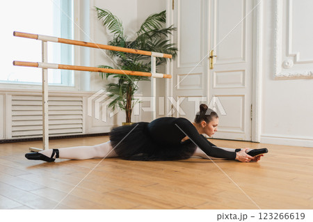Young ballerina in tutu skirt stretching practicing ballet positions dancing in dance class. Young classical dancer woman in dance studio. Ballet class training Ballet school concept Young ballerina in tutu skirt stretching practicing ballet positions dancing in dance class. Young classical dancer woman in dance studio. Ballet class training Ballet school concept 123266619