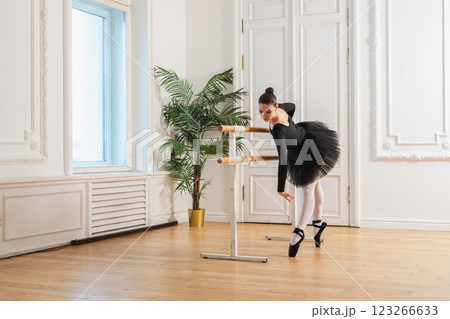 Young ballerina in tutu skirt stretching practicing ballet positions dancing near ballet barre in dance class. Young classical dancer woman in dance studio. Ballet class training Ballet school concept Young ballerina in tutu skirt stretching practicing ballet positions dancing near ballet barre in dance class. Young classical dancer woman in dance studio. Ballet class training Ballet school concept 123266633