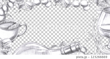 Rectangular frame with bottle and glass of alcohol, chocolate. Isolated pencil illustration of alcohol for restaurant interior design, men's clubs, menu and bar menu, alcohol labels. 123266669