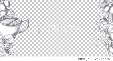 Rectangular frame with glass of alcohol, chocolate, and coffee. Isolated pencil illustration of alcohol for restaurant interior design, men's clubs, menu and bar menu, alcohol labels. 123266670