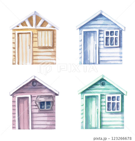 Set of four beach houses. Isolated watercolor illustration for design of printed materials on the theme of beach holidays, tourist brochures, printing on fabric and clothes. Set of four beach houses. Isolated watercolor illustration for design of printed materials on the theme of beach holidays, tourist brochures, printing on fabric and clothes. 123266678