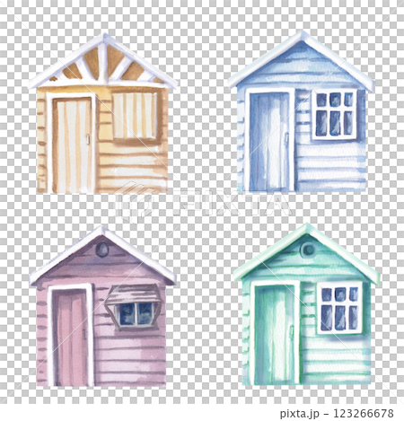 Set of four beach houses. Isolated watercolor illustration for design of printed materials on the theme of beach holidays, tourist brochures, printing on fabric and clothes. Set of four beach houses. Isolated watercolor illustration for design of printed materials on the theme of beach holidays, tourist brochures, printing on fabric and clothes. 123266678