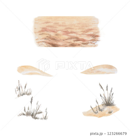 Set of landscape elements for landscape designer - dry grass, sand, hillocks. Isolated watercolor illustrations of beach sand for design of advertising brochures of travel agencies on beach holidays. Set of landscape elements for landscape designer - dry grass, sand, hillocks. Isolated watercolor illustrations of beach sand for design of advertising brochures of travel agencies on beach holidays. 123266679