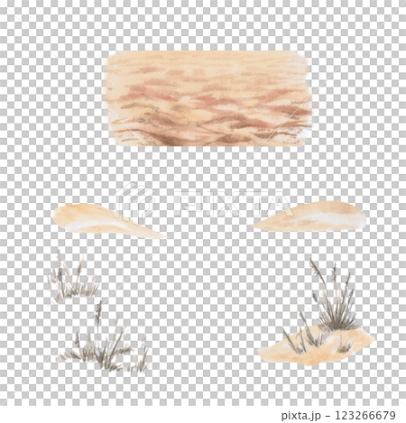 Set of landscape elements for landscape designer - dry grass, sand, hillocks. Isolated watercolor illustrations of beach sand for design of advertising brochures of travel agencies on beach holidays. 123266679