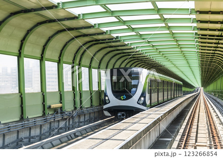 A Green Line train running on the elevated track of the Taichung Rapid Transit System in Taiwan.  123266854