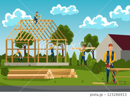 House building with workers team. New construction architecture, engineering on site. Work process with house on construction site. Vector cartoon illustration 123266913