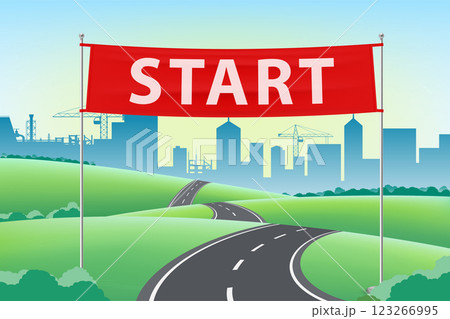 Red banner with the word start before the road 123266995