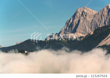 Fog in valley over Schladming, Dachstein Mountains, Northern Limestone Alps, Austria 123267028