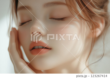 美容広告デザインに最適な若い女性のクローズアップ素材 123267414