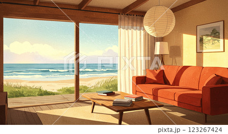 ビーチフロントのミッドセンチュリーモダンなリビングルーム ビーチフロントのミッドセンチュリーモダンなリビングルーム 123267424