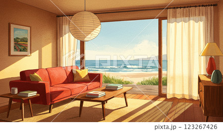 ビーチフロントのミッドセンチュリーモダンなリビングルーム 123267426