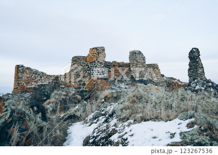 Abandoned castle. Castle ruins. Destroyed walls of an old fort. Old architecture.	 123267536
