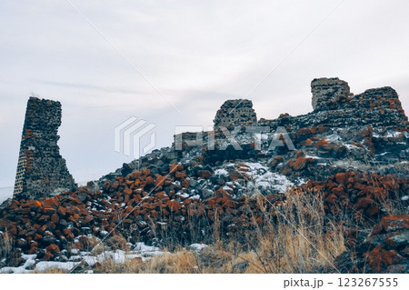 Abandoned castle. Castle ruins. Destroyed walls of an old fort. Old architecture.	 123267555