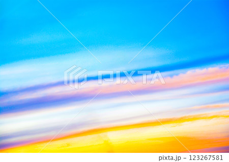 Multicolored sky at sunset. Sky with different colors - orange, red, yellow, blue. Sunrise and fiery sky. Multicolored sky at sunset. Sky with different colors - orange, red, yellow, blue. Sunrise and fiery sky. 123267581