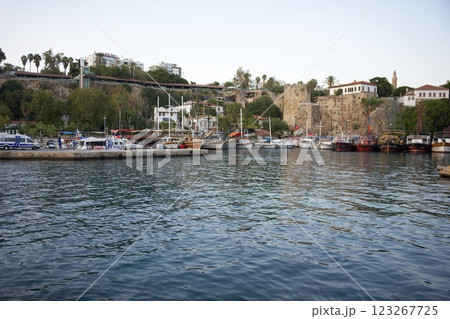 Historic Mediterranean harbor with docked boats. Summer time in Antalya, Turkey 123267725