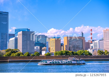 日本の東京都市景観 新風景。築地の朝日新聞社やエメラルダスなどを望む 日本の東京都市景観 新風景。築地の朝日新聞社やエメラルダスなどを望む 123267955