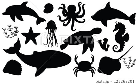 Cartoon black silhouettes of sea animals. Ocean fauna collection isolated on white background. Whale and turtle, seahorse and shells, octopuse and crab. 123268201