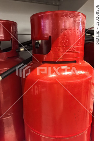 Fire safety equipment lined up ready for emergency response training 123268536
