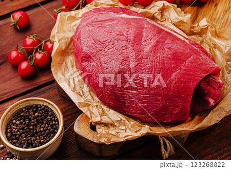 Beef, cherry tomatoes, and black pepper on a wooden table 123268822