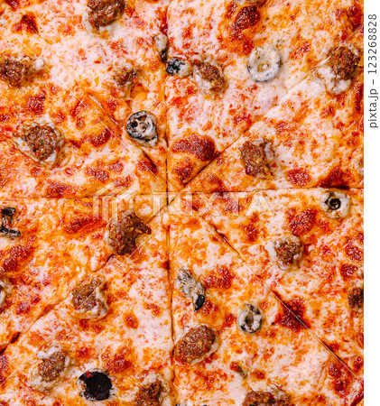 Savory meatball pizza topped with olives and mozzarella cheese 123268828