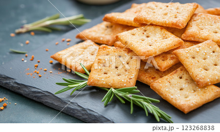 Crispy bulgur crackers with smoky paprika and rosemary on slate board. Rustic handmade appeal with soft natural lighting. 123268838