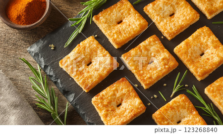 Crispy bulgur crackers with smoky paprika and rosemary on slate board. Rustic handmade appeal with soft natural lighting. 123268840