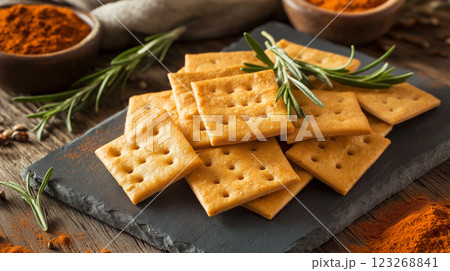 Crispy bulgur crackers with smoky paprika and rosemary on slate board. Rustic handmade appeal with soft natural lighting. 123268841