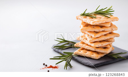 Crispy bulgur crackers with smoky paprika and rosemary on slate board. Rustic handmade appeal, soft natural light, and earthy tones. 123268843