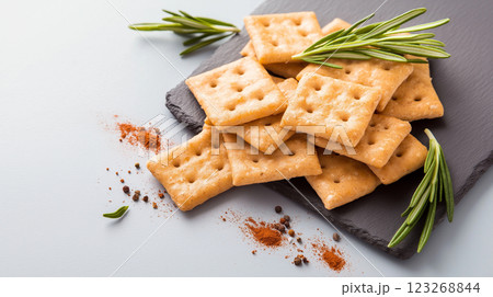 Crispy bulgur crackers with smoky paprika and rosemary on slate board. Rustic handmade appeal, soft natural light, and earthy tones. 123268844